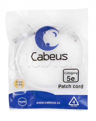 Патч-корд UTP, категория 5e, 0.5 м, неэкранированный, белый Cabeus PC-UTP-RJ45-Cat.5e-0.5m-WH в Йошкар-Оле Патчкорды (медные) Pintop.ru