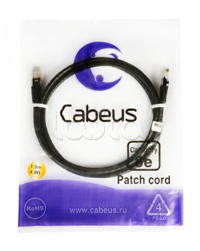 Патч-корд 2xRJ-45/8P8C U/UTP кат.5е (2 м) Cabeus PC-UTP-RJ45-CAT.5E-2M-BK в Йошкар-Оле Патчкорды (медные) Pintop.ru