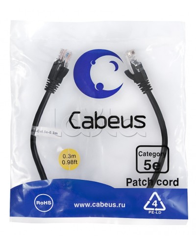 Патч-корд медный U/UTP кат.5е (0,3м) LSZH (черный) Cabeus (PC-UTP-RJ45-Cat.5e-0.3m-BK-LSZH) в Йошкар-Оле Патчкорды (медные) Pintop.ru