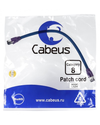 Патч-корд S/FTP Cabeus PC-SSTP-RJ45-Cat.8-0.3m-LSZH в Йошкар-Оле Патчкорды (медные) Pintop.ru