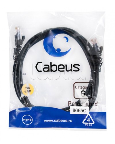 Патч-корд UTP, категория 6, 2 м, неэкранированный, черный Cabeus PC-UTP-RJ45-Cat.6-2m-BK в Йошкар-Оле Патчкорды (медные) Pintop.ru