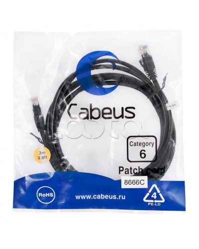 Патч-корд UTP, категория 6, 3 м, неэкранированный, черный Cabeus PC-UTP-RJ45-Cat.6-3m-BK в Йошкар-Оле Патчкорды (медные) Pintop.ru