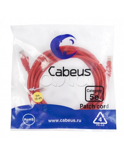 Патч-корд медный U/UTP кат.5е (5м) LSZH (красный) Cabeus (PC-UTP-RJ45-Cat.5e-5m-RD-LSZH) в Йошкар-Оле Патчкорды (медные) Pintop.ru