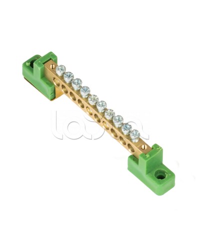 Шина 0 PE 6x9мм 10 отверстий латунь с контактной пластиной 2 зелёных угловых изолятора EKF (sn0-63-10-2-pe) в Йошкар-Оле Клеммные колодки Pintop.ru